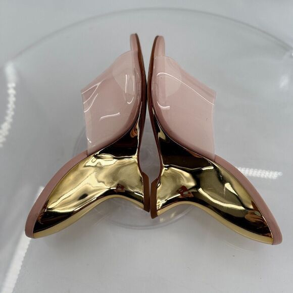 Schutz Womens Size 5.5 Aprill Vynil Slip On Open Toe Wedge Sandals Pink Gold - Picture 5 of 12